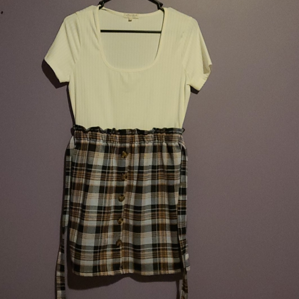 NWOT white and brown plaid dress